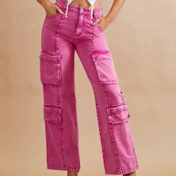 Casual Flap Pocket Cargo Denim Jeans Pink - Picture 4 of 4